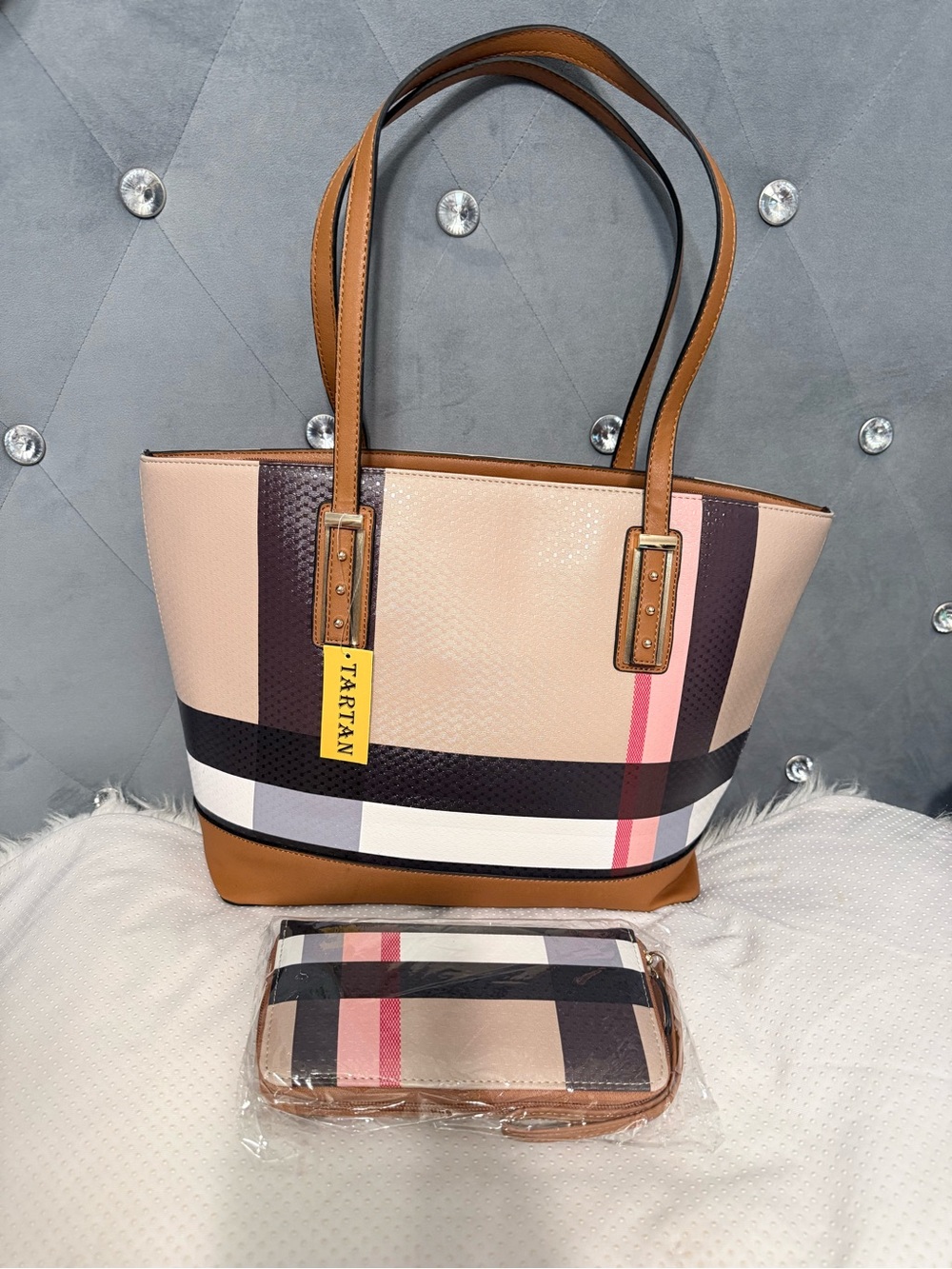 Beige Plaid Tote with Matching Wallet - Tart